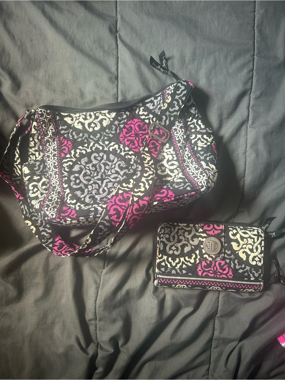 Vera Bradley Quilted Black and Pink Patterned Shoulder Bag and Wallet Set